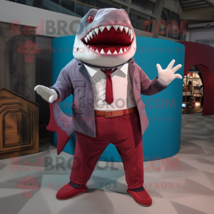 Maroon Megalodon mascot costume character dressed with a Suit Pants and Scarves