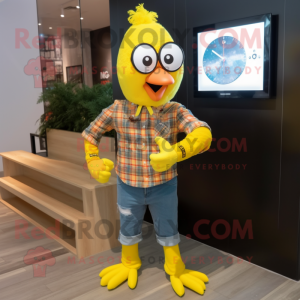 Yellow Butter Chicken mascot costume character dressed with a Flannel Shirt and Digital watches