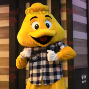 Yellow Butter Chicken mascot costume character dressed with a Flannel Shirt and Digital watches