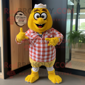 Yellow Butter Chicken mascot costume character dressed with a Flannel Shirt and Digital watches