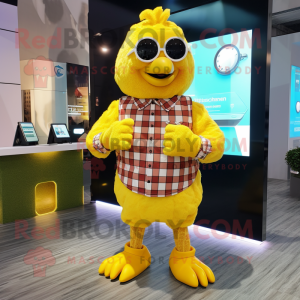 Yellow Butter Chicken mascot costume character dressed with a Flannel Shirt and Digital watches