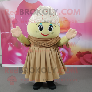 Beige Cupcake mascot costume character dressed with a Wrap Skirt and Shawls