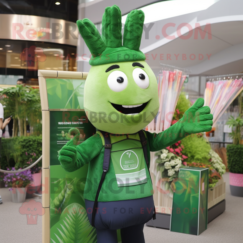 Forest Green Asparagus mascot costume character dressed with a T-Shirt and Pocket squares