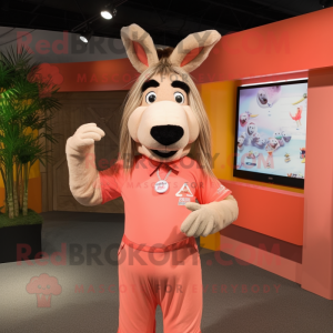 Peach Donkey mascot costume character dressed with a Rash Guard and Hair clips