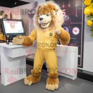Gold Tamer Lion mascot costume character dressed with a Dungarees and Digital watches