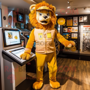 Gold Tamer Lion mascot costume character dressed with a Dungarees and Digital watches