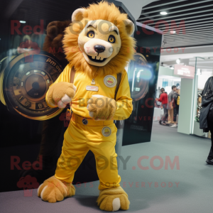 Gold Tamer Lion mascot costume character dressed with a Dungarees and Digital watches
