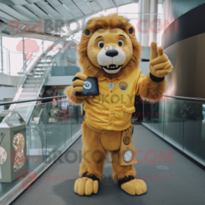 Gold Tamer Lion mascot costume character dressed with a Dungarees and Digital watches