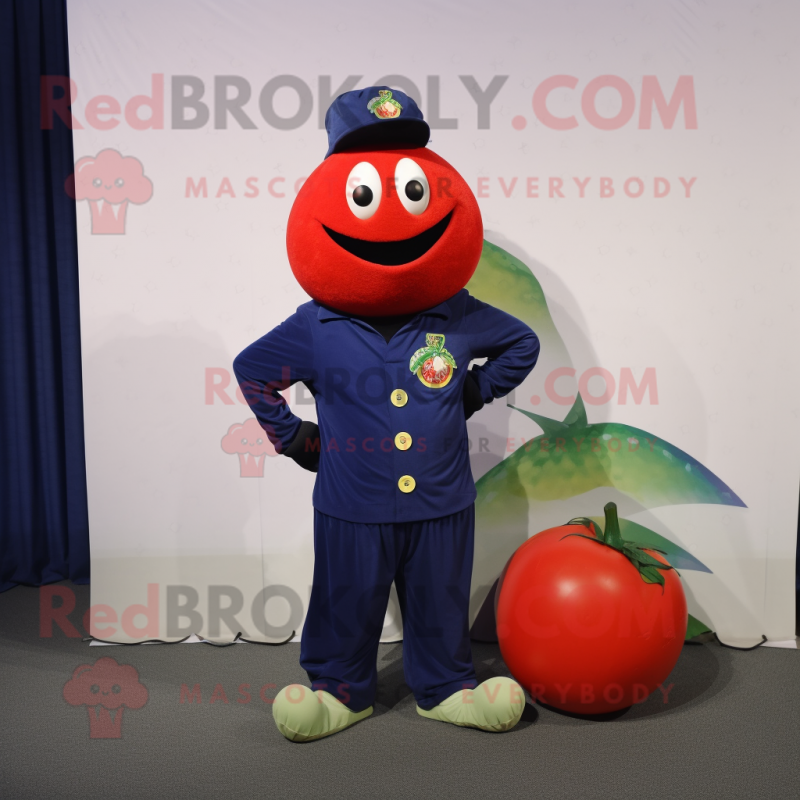 Navy Tomato mascot costume character dressed with a Long Sleeve Tee and Brooches