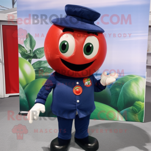 Navy Tomato mascot costume character dressed with a Long Sleeve Tee and Brooches