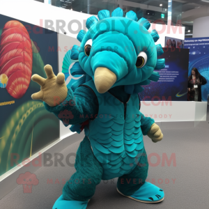 Turquoise Pangolin mascot costume character dressed with a Jeggings and Rings