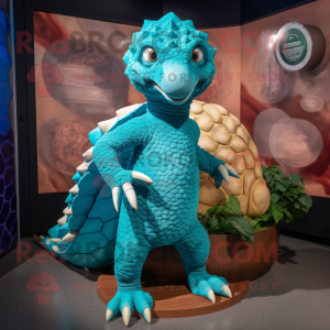 Turquoise Pangolin mascot costume character dressed with a Jeggings and Rings