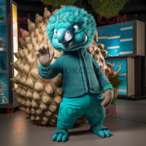 Turquoise Pangolin mascot costume character dressed with a Jeggings and Rings
