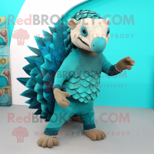 Turquoise Pangolin mascot costume character dressed with a Jeggings and Rings