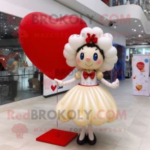Cream Heart Shaped Balloons mascot costume character dressed with a A-Line Skirt and Hair clips