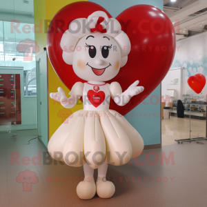Cream Heart Shaped Balloons mascot costume character dressed with a A-Line Skirt and Hair clips