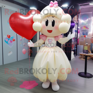 Cream Heart Shaped Balloons mascot costume character dressed with a A-Line Skirt and Hair clips