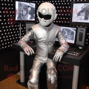 Silver Computer mascot costume character dressed with a Biker Jacket and Anklets