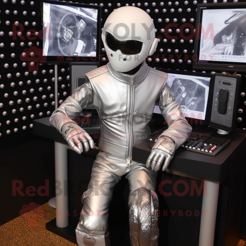Silver Computer mascot costume character dressed with a Biker Jacket and Anklets Silver Computer mascot costume character dressed with a Biker Jacket and Anklets