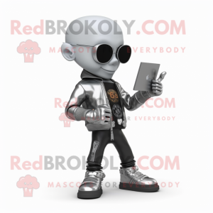 Silver Computer mascot costume character dressed with a Biker Jacket and Anklets
