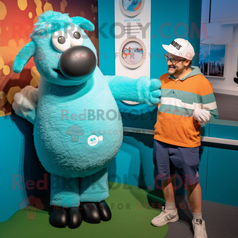 Cyan Suffolk Sheep mascot costume character dressed with a Henley Tee and Watches Cyan Suffolk Sheep mascot costume character dressed with a Henley Tee and Watches