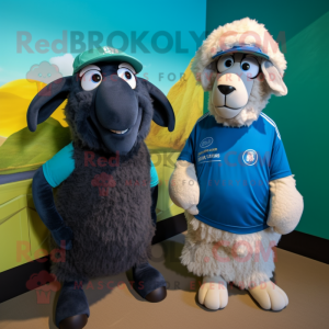 Cyan Suffolk Sheep mascot costume character dressed with a Henley Tee and Watches