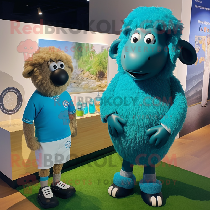Cyan Suffolk Sheep mascot costume character dressed with a Henley Tee and Watches