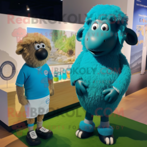 Cyan Suffolk Sheep mascot costume character dressed with a Henley Tee and Watches