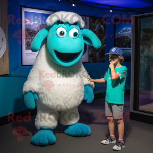 Cyan Suffolk Sheep mascot costume character dressed with a Henley Tee and Watches
