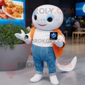 Peach Beluga Whale mascot costume character dressed with a Jeans and Smartwatches