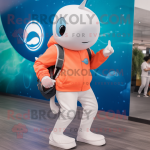 Peach Beluga Whale mascot costume character dressed with a Jeans and Smartwatches