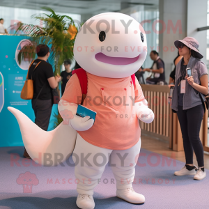 Peach Beluga Whale mascot costume character dressed with a Jeans and Smartwatches