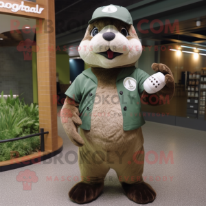 Olive Otter mascot costume character dressed with a Baseball Tee and Cummerbunds