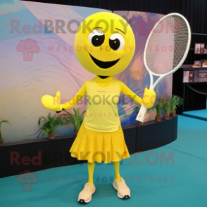 Yellow Tennis Racket mascot costume character dressed with a Yoga Pants and Shawl pins