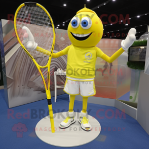 Yellow Tennis Racket mascot costume character dressed with a Yoga Pants and Shawl pins