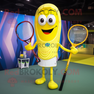 Yellow Tennis Racket mascot costume character dressed with a Yoga Pants and Shawl pins