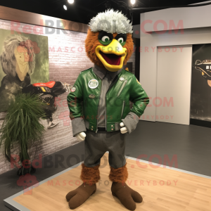 Forest Green Fried Chicken mascot costume character dressed with a Moto Jacket and Cufflinks