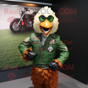 Forest Green Fried Chicken mascot costume character dressed with a Moto Jacket and Cufflinks
