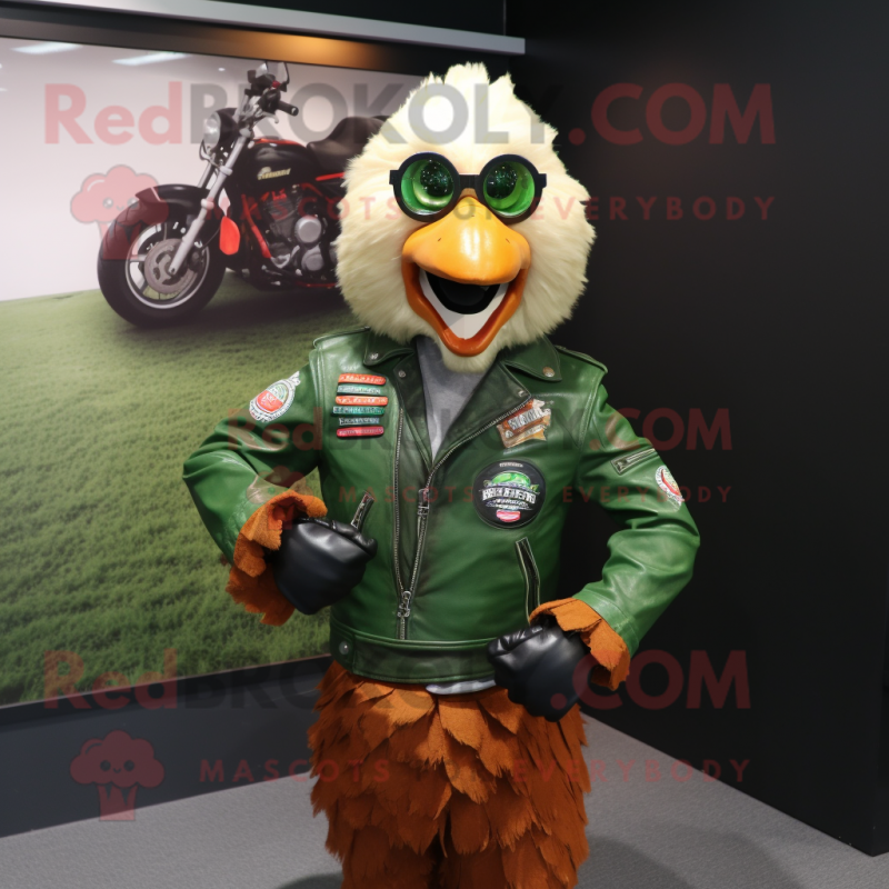 Forest Green Fried Chicken mascot costume character dressed with a Moto Jacket and Cufflinks Forest Green Fried Chicken mascot costume character dressed with a Moto Jacket and Cufflinks