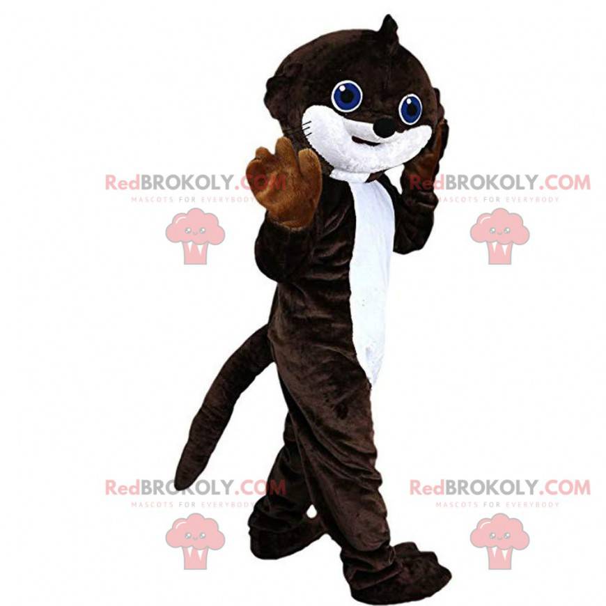 Mascote de lontra marrom e branca, fantasia de toupeira -