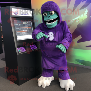 Purple Frankenstein'S Monster mascot costume character dressed with a Cover-up and Digital watches