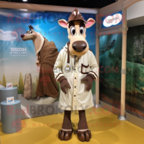 Cream Okapi mascot costume character dressed with a Raincoat and Shoe laces