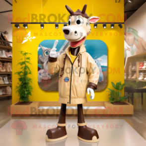 Cream Okapi mascot costume character dressed with a Raincoat and Shoe laces