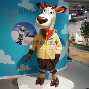 Cream Okapi mascot costume character dressed with a Raincoat and Shoe laces