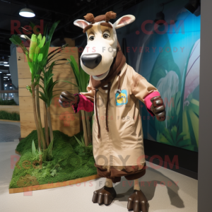 Cream Okapi mascot costume character dressed with a Raincoat and Shoe laces