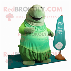 Green Stellar'S Sea Cow mascot costume character dressed with a A-Line Skirt and Shawls