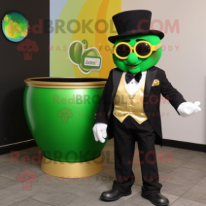 Lime Green Pot Of Gold mascot costume character dressed with a Tuxedo and Eyeglasses