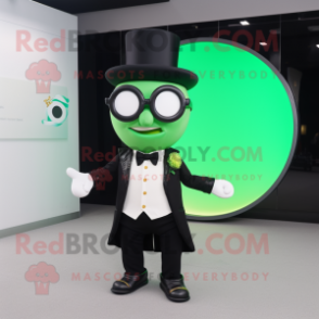 Lime Green Pot Of Gold mascot costume character dressed with a Tuxedo and Eyeglasses