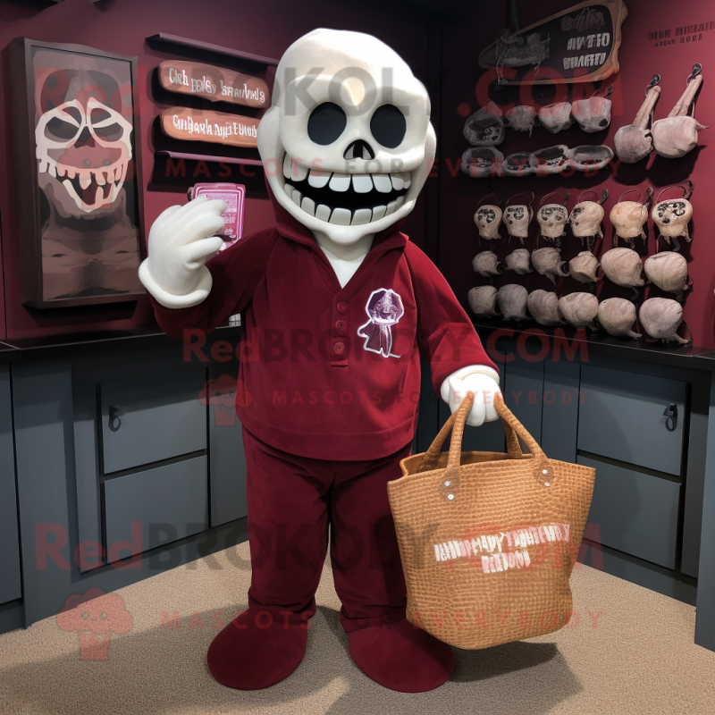 Maroon Graveyard mascot costume character dressed with a Henley Shirt and Tote bags