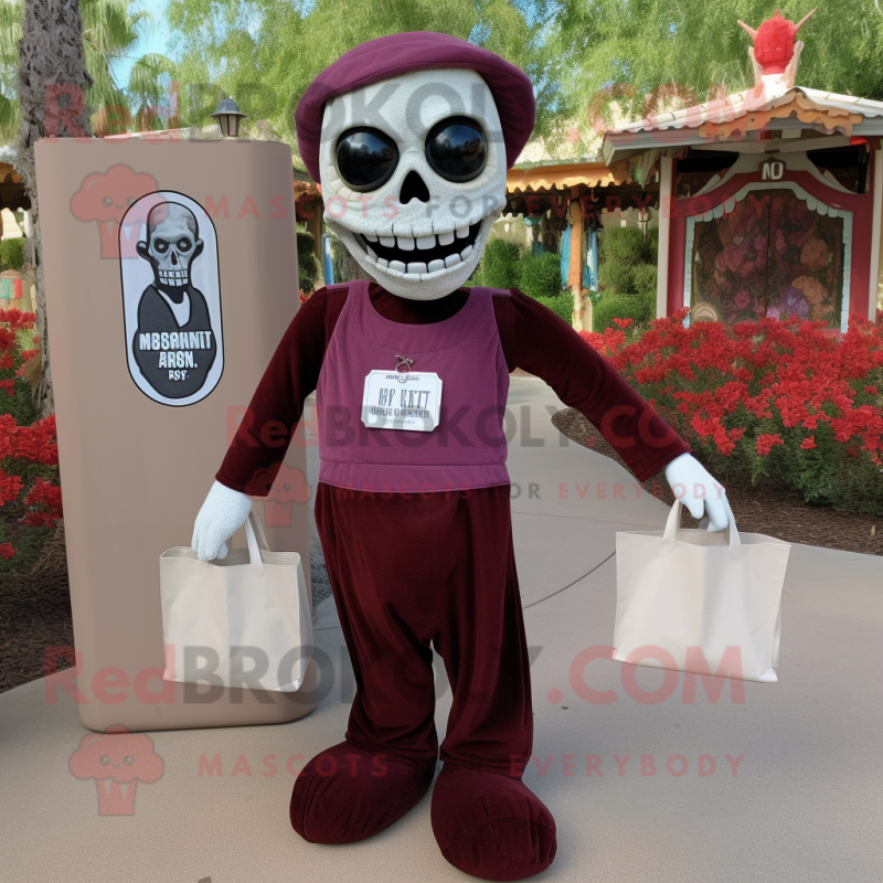 Maroon Graveyard mascot costume character dressed with a Henley Shirt and Tote bags